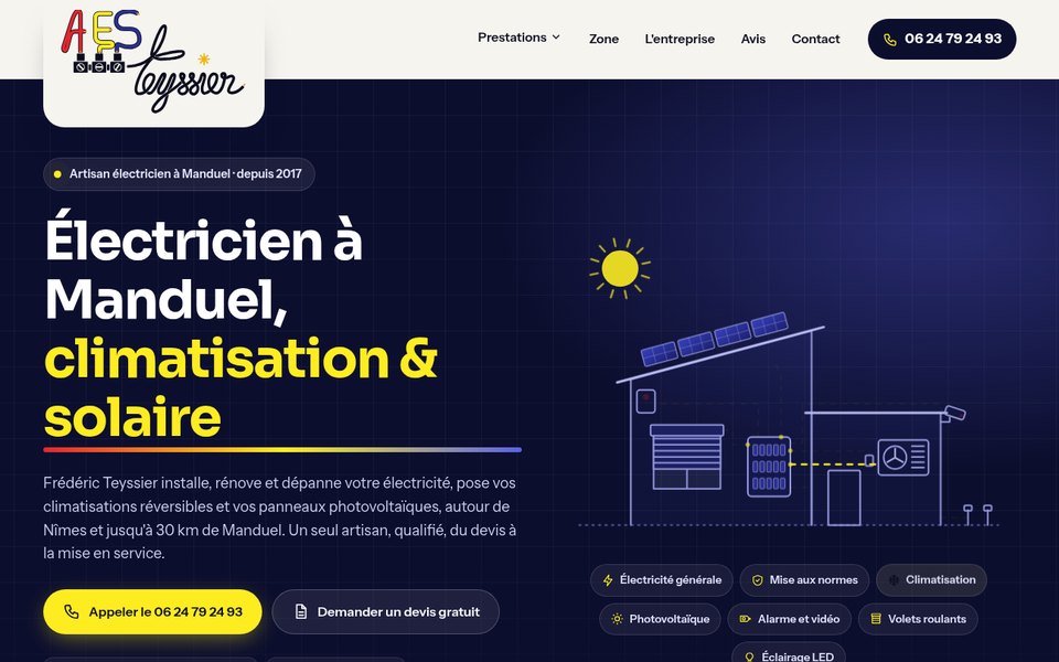 Page d'accueil du site d'A.E.S, électricien à Manduel